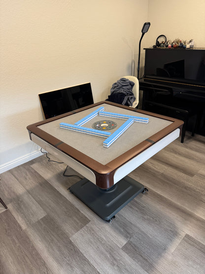 T650 premium mahjong table, rubber based table cloth, automatic heat drying and sanitizing, 55dB low noise shuffle, optional 4 leg style 36mm tiles 3 dices台湾牌36号小牌，三颗色子，咖啡白可折叠款 可选四腿餐桌款